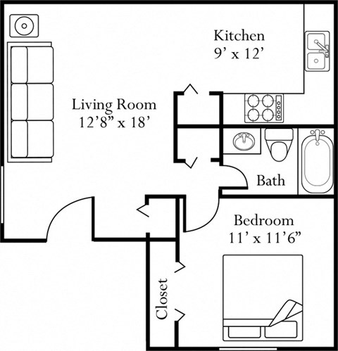 Floor plan for 1 bed, 1 bath, 640 sqft